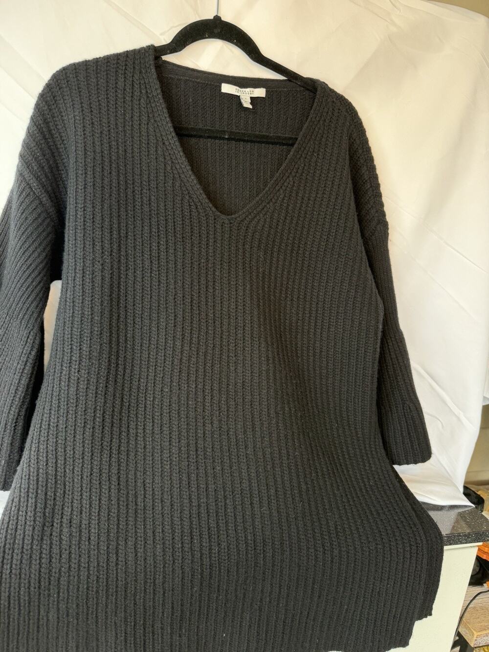 Derek Lam 10 Crosby Black ribbed Knit V-Neck Sweater Med Designer Bell Sleeves